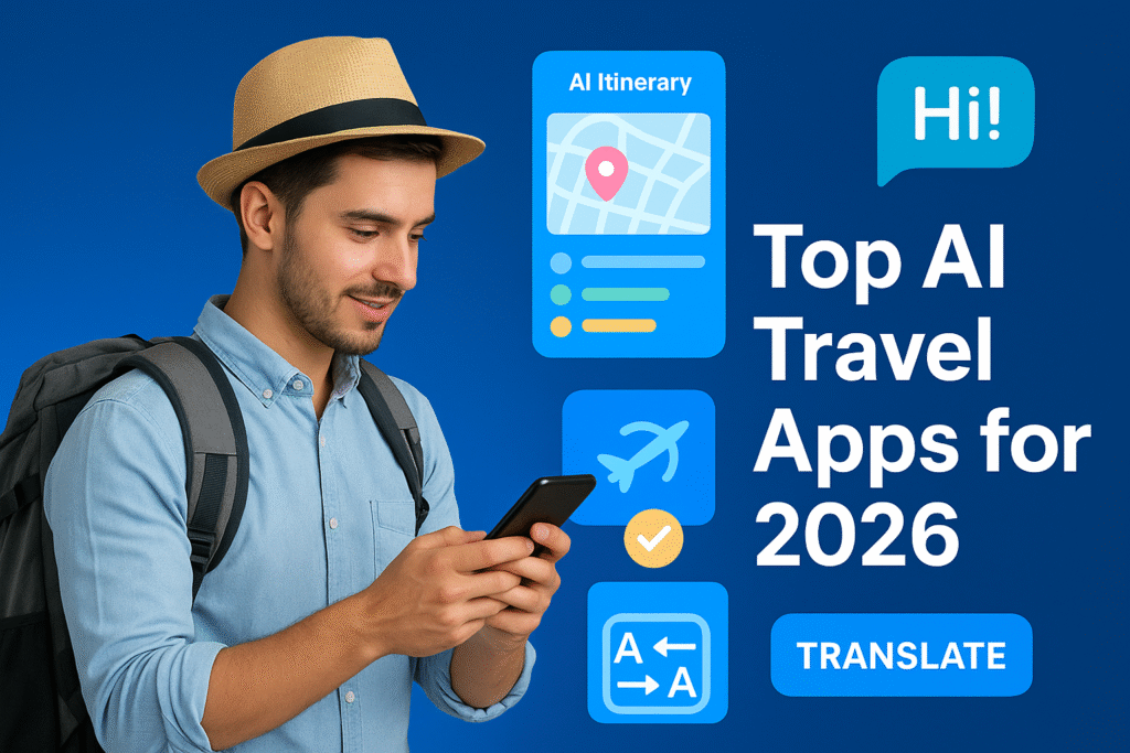 Traveler using AI travel apps 2026 for itinerary planning, AR navigation, and translation on smartphone