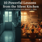 Silent Kitchen cultural warning thumbnail showing contrast between American and Indian kitchens, symbolizing lost family bonds and traditions