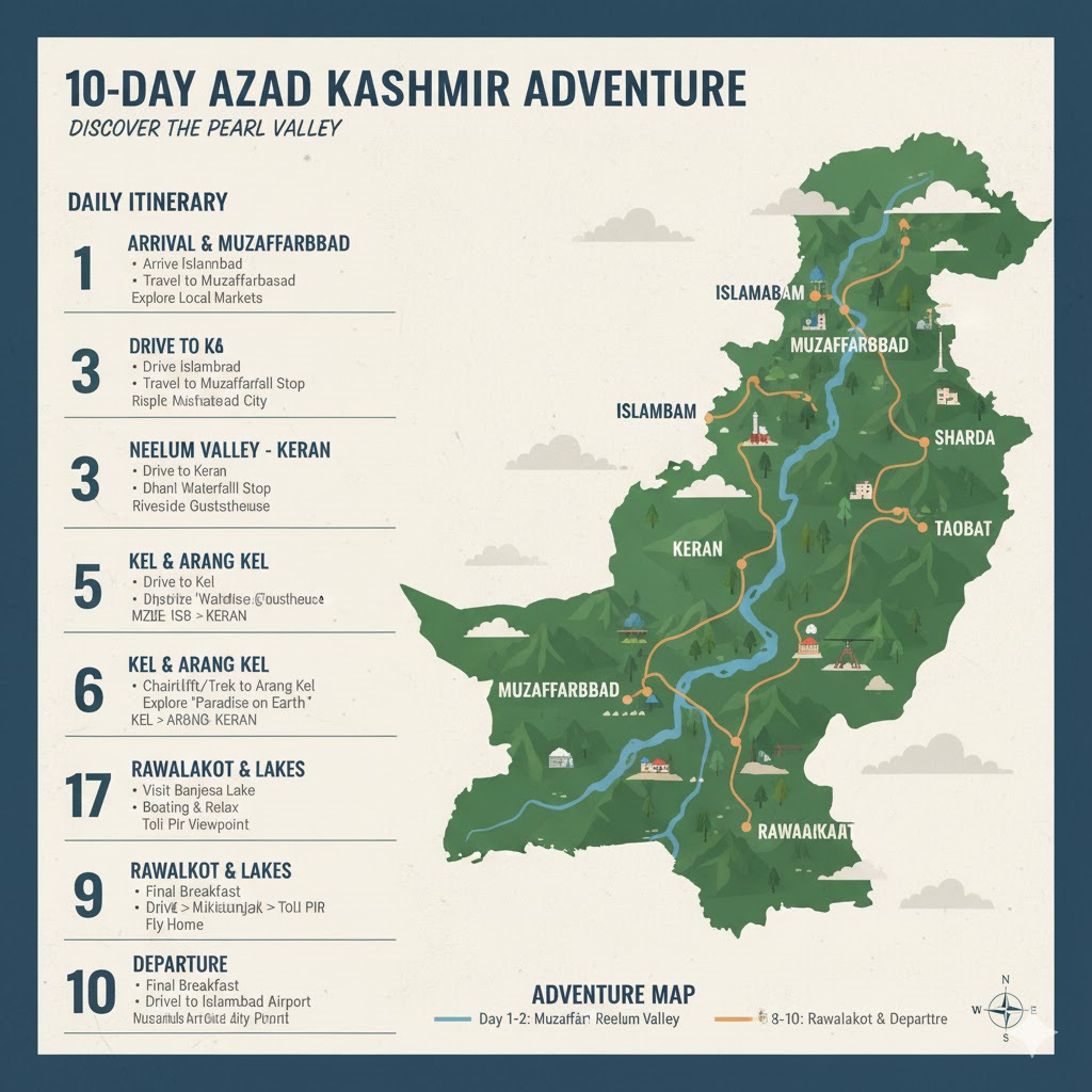 10-day Azad Kashmir travel itinerary chart showing major routes and destinations.