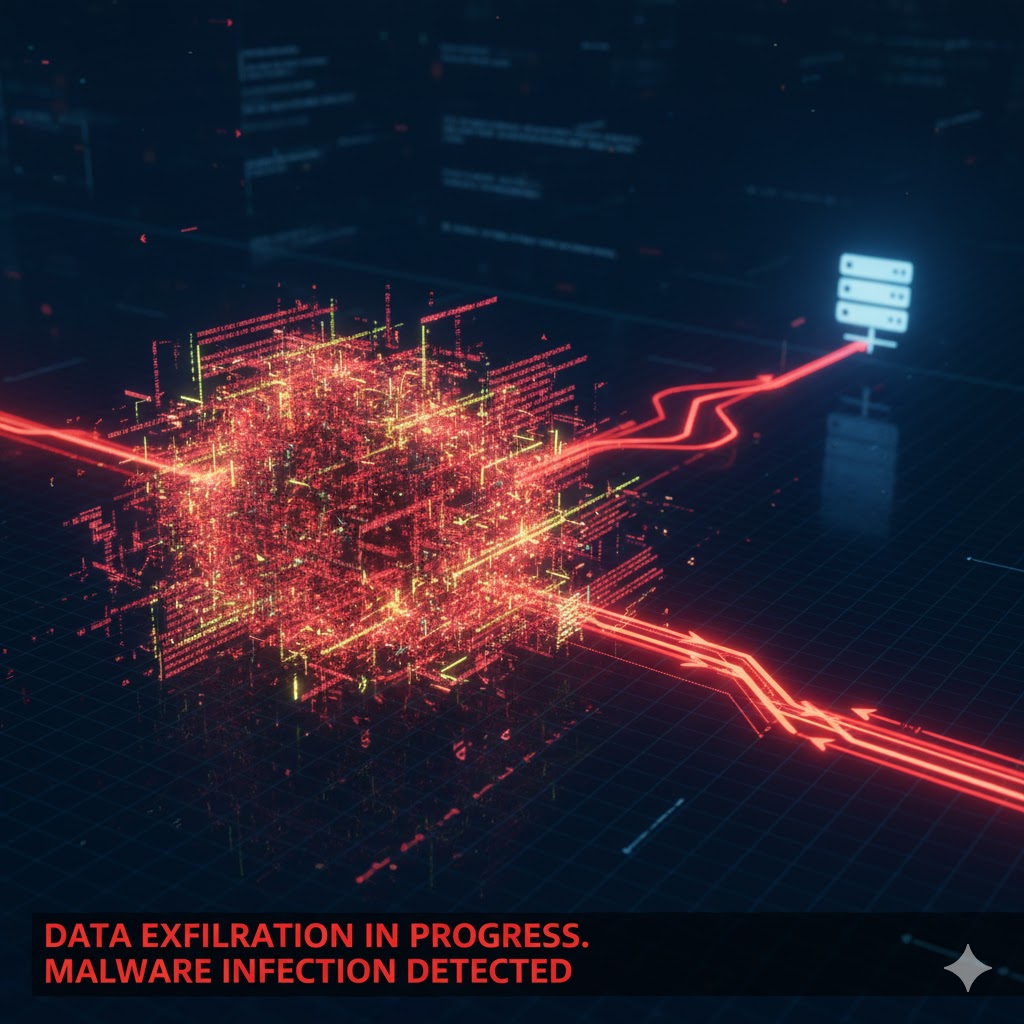 3D rendering of malware code connecting to remote server symbolising data exfiltration