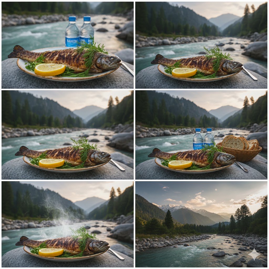 4 Split Collage Cinematic Grilled trout on plate beside Naran River with lemon slices and herbs.