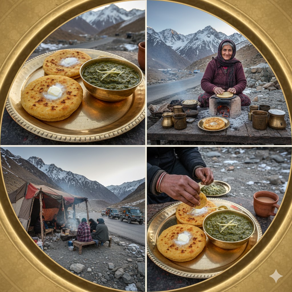 4 Split Collage Cinematic Makai roti and saag served on brass plates near Babusar Pass roadside stall.