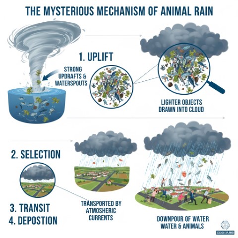 4-phase waterspout mechanism of animal rain, Uplift, Selection, Transit, and Deposition, with insets of fish and frogs
