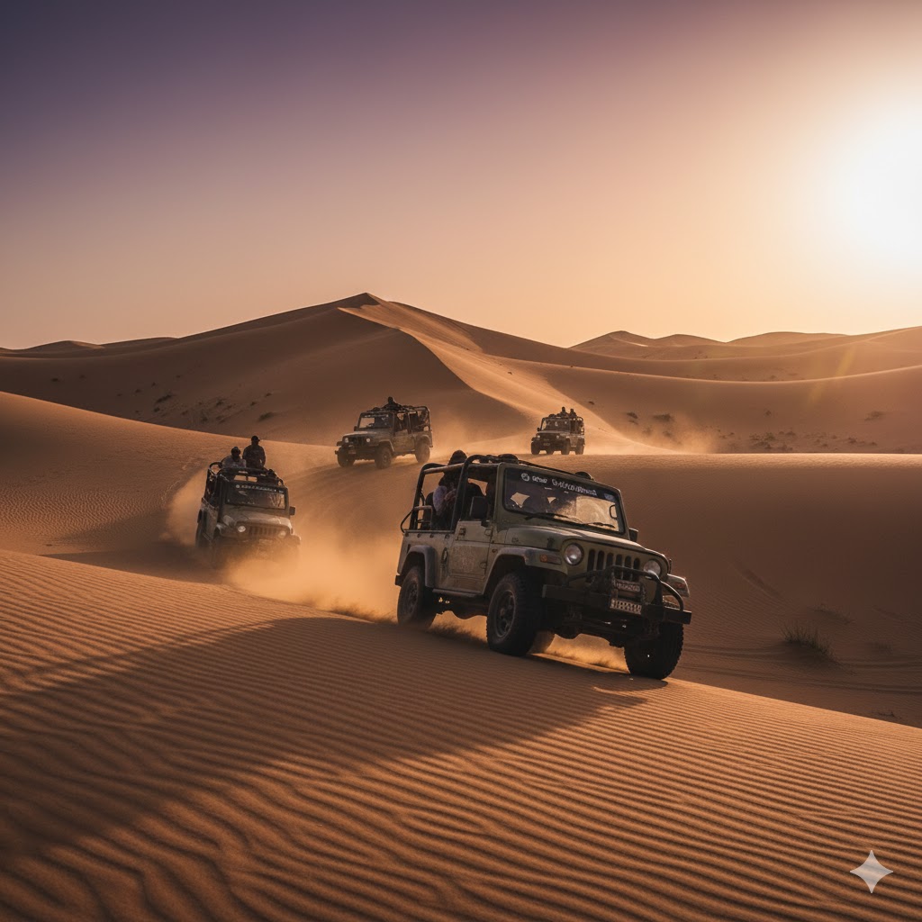 4x4 jeep convoy traversing golden dunes at sunset during Cholistan desert safari adventure. 4x4 jeep convoy traversing golden dunes at sunset during Cholistan desert safari adventure.