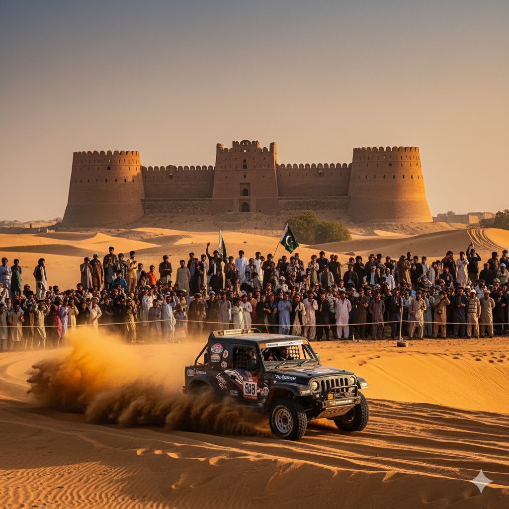4x4 jeep racing through golden dunes of Cholistan Desert Rally, crowd cheering, Derawar Fort in background