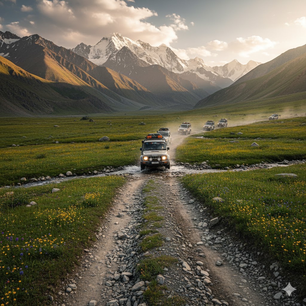 4x4 jeeps crossing a rugged road surrounded by alpine meadows on the way to Deosai from Skardu 4x4 jeeps crossing a rugged road surrounded by alpine meadows on the way to Deosai from Skardu