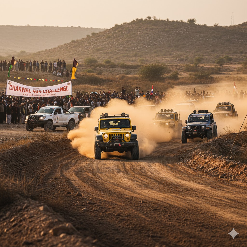4x4 off-road vehicles competing in Chakwal 4x4 Challenge festival with hills in the background.