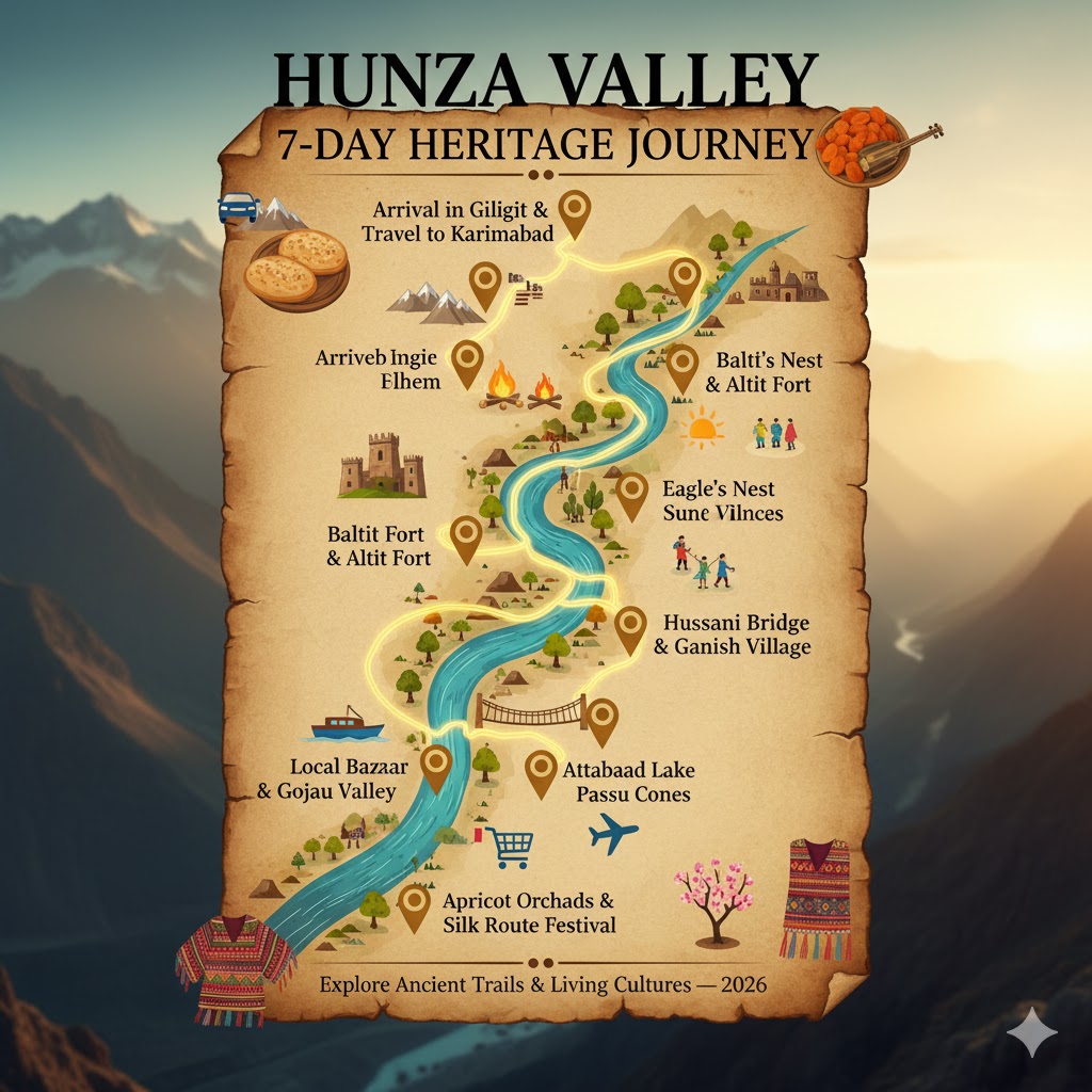 7-day itinerary map of Hunza showing major heritage sites and cultural stops