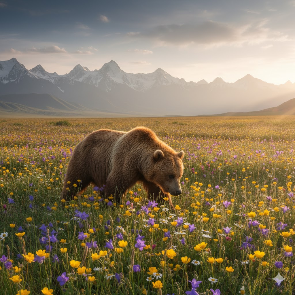 A Himalayan brown bear wandering near Deosai’s wildflower meadows under golden light. A Himalayan brown bear wandering near Deosai’s wildflower meadows under golden light.