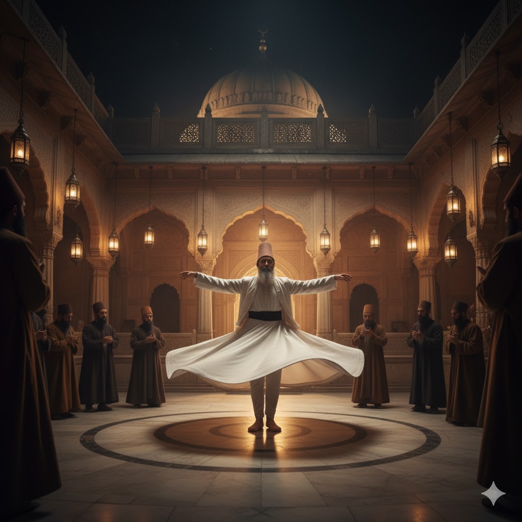 A Sufi devotee spinning in trance under lantern light at a shrine courtyard