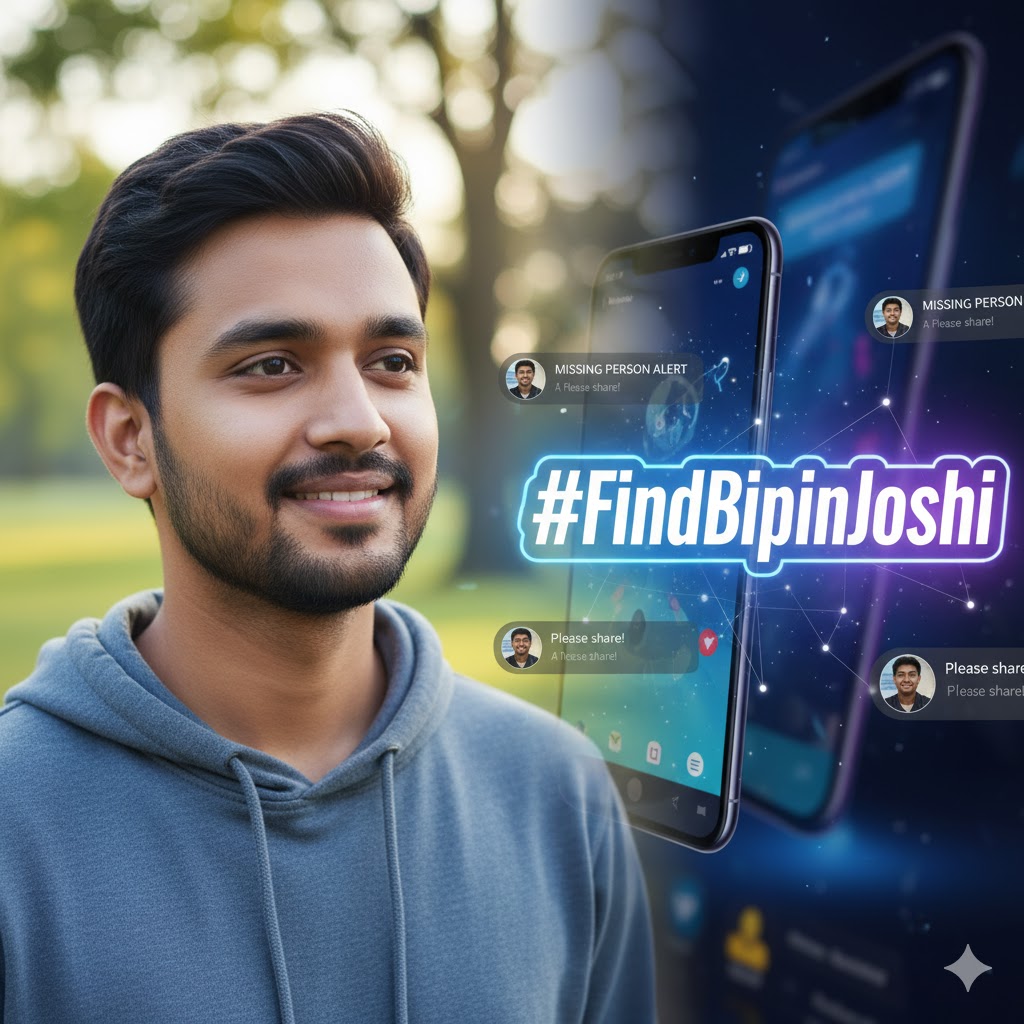 A composite image showing a peaceful portrait of Bipin Joshi next to social media graphics with the hashtag #FindBipinJoshi