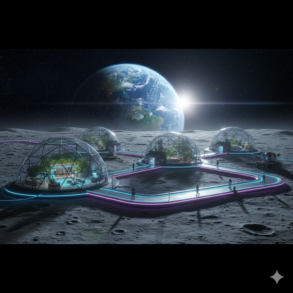 A concept illustration of a space hotel on the Moon featuring domed spas and glowing walkways
