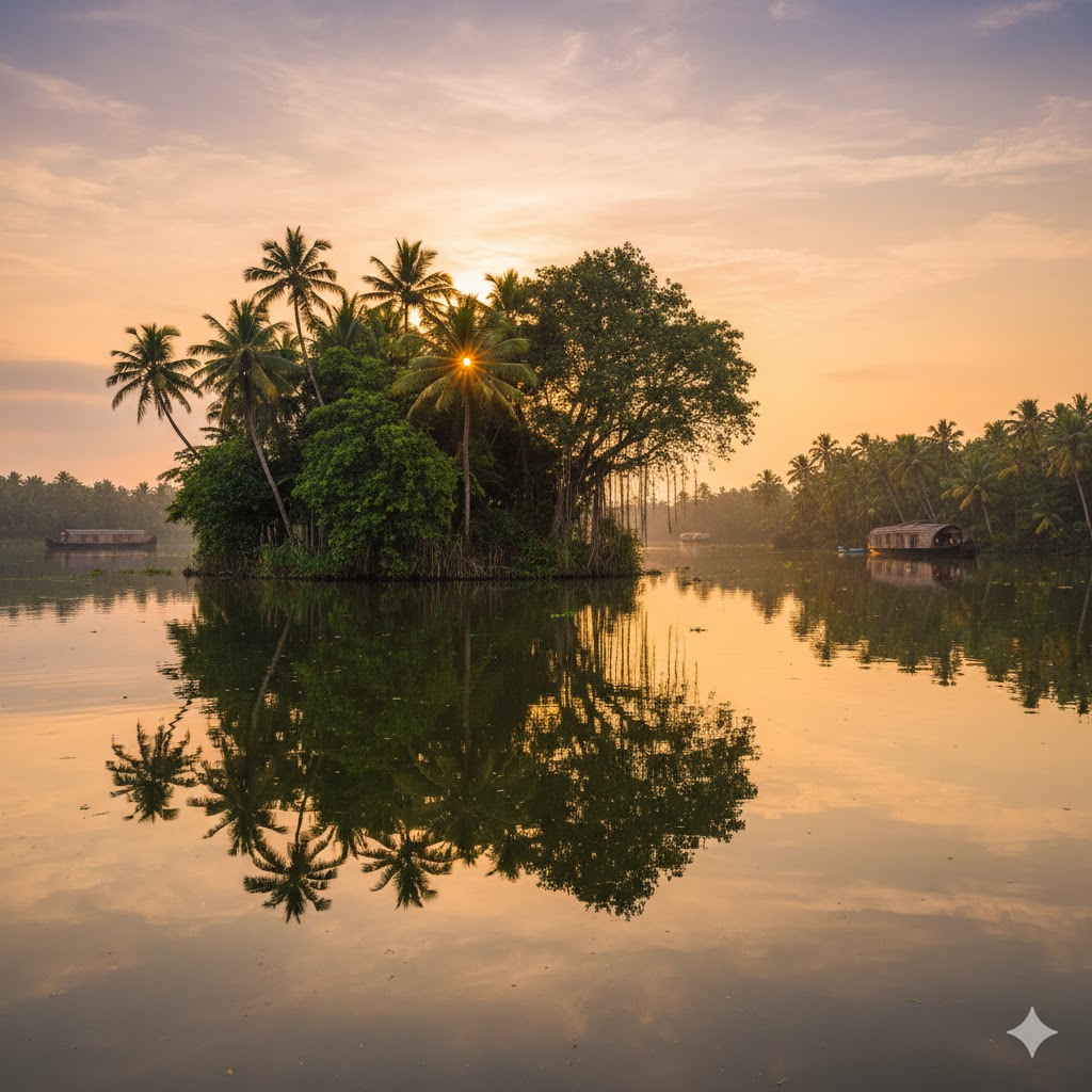 A floating forest reflected perfectly on Kerala’s calm backwaters at sunset