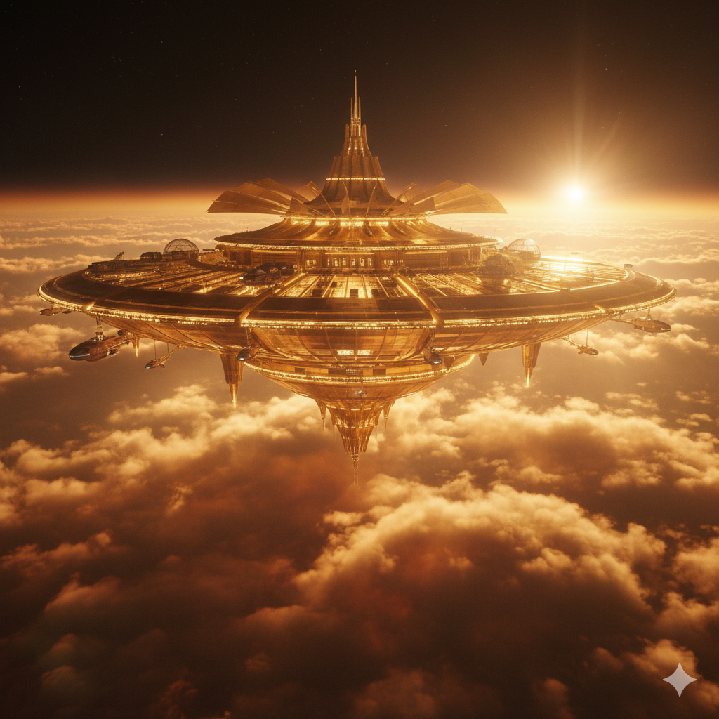 A futuristic floating space hotel above the Venusian clouds, glowing golden in sunlight