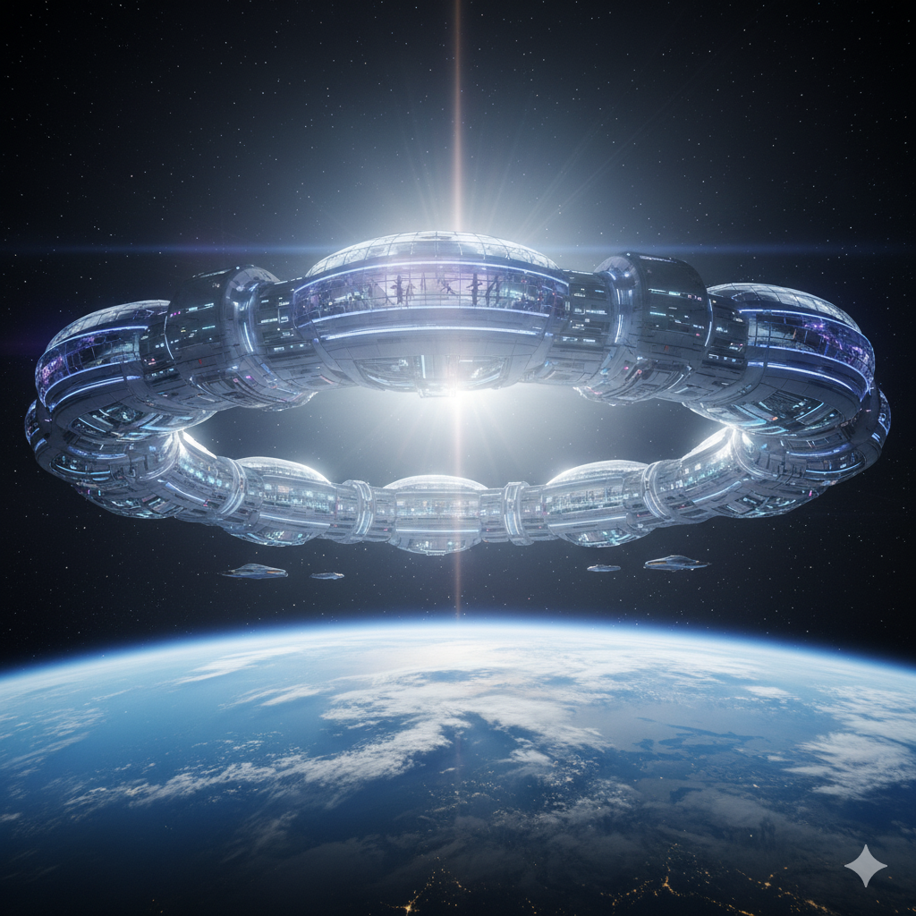 A futuristic zero gravity sky resort floating in low Earth orbit with soft glowing lights