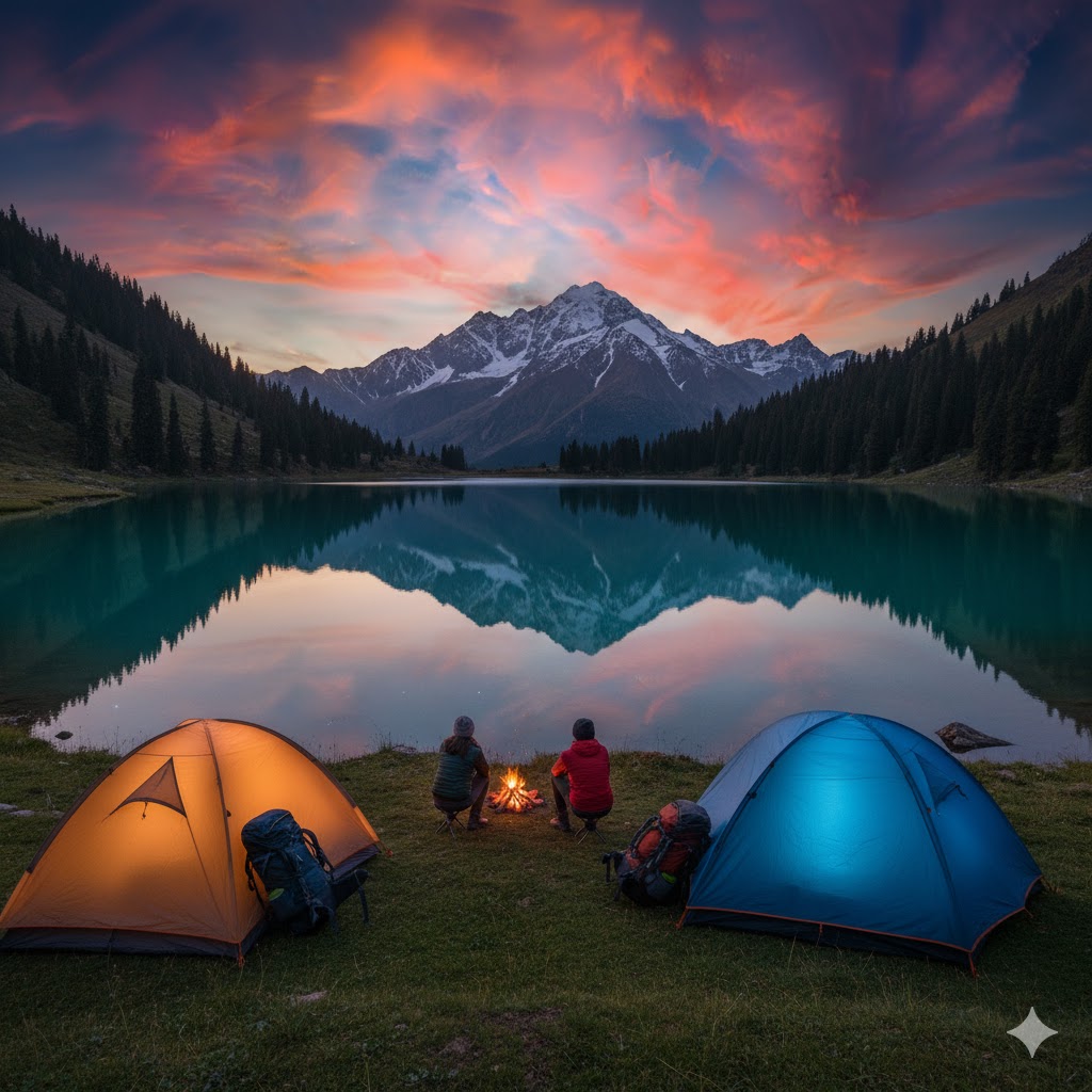 A group of campers near Rainbow Lake at sunset with glowing tents beside clear waters