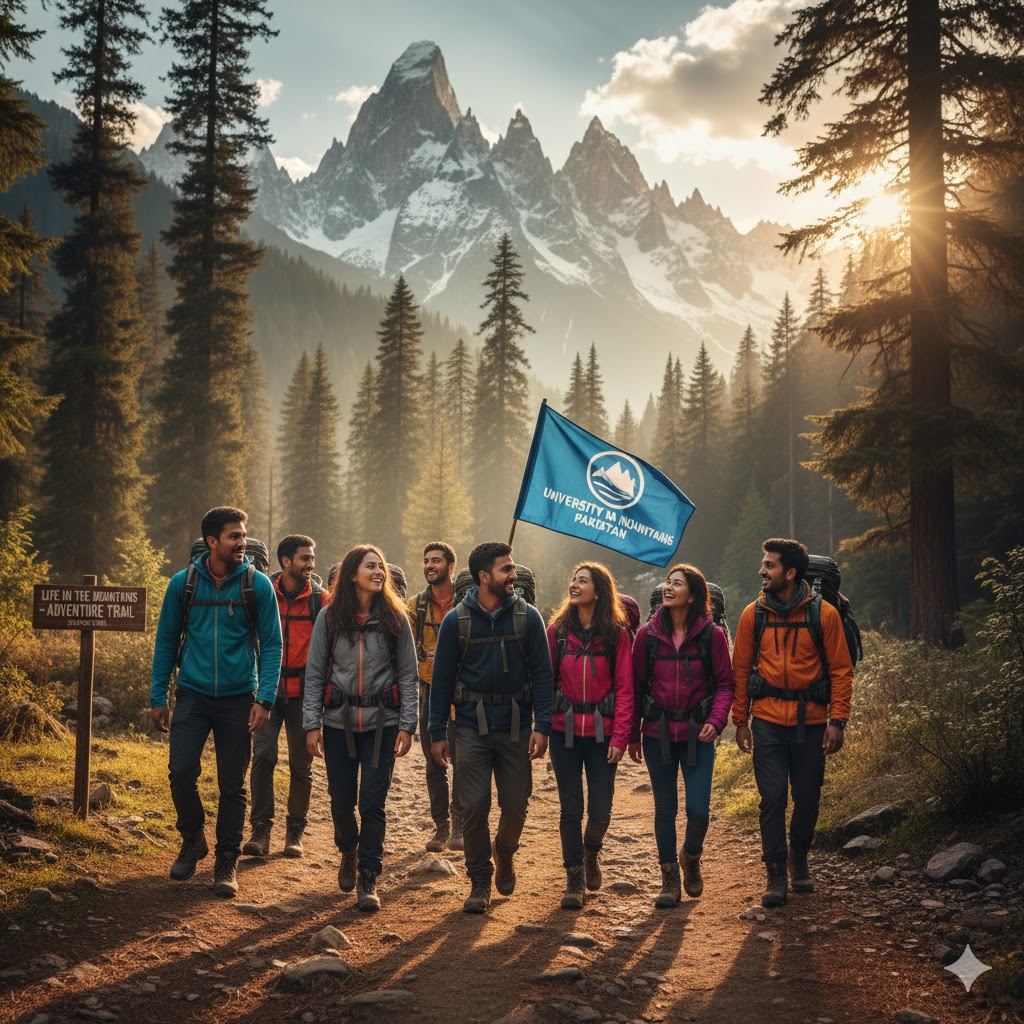 A group of travelers enjoying the Life in the Mountains Pakistan adventure trail, surrounded by pine forests and mountain peaks
