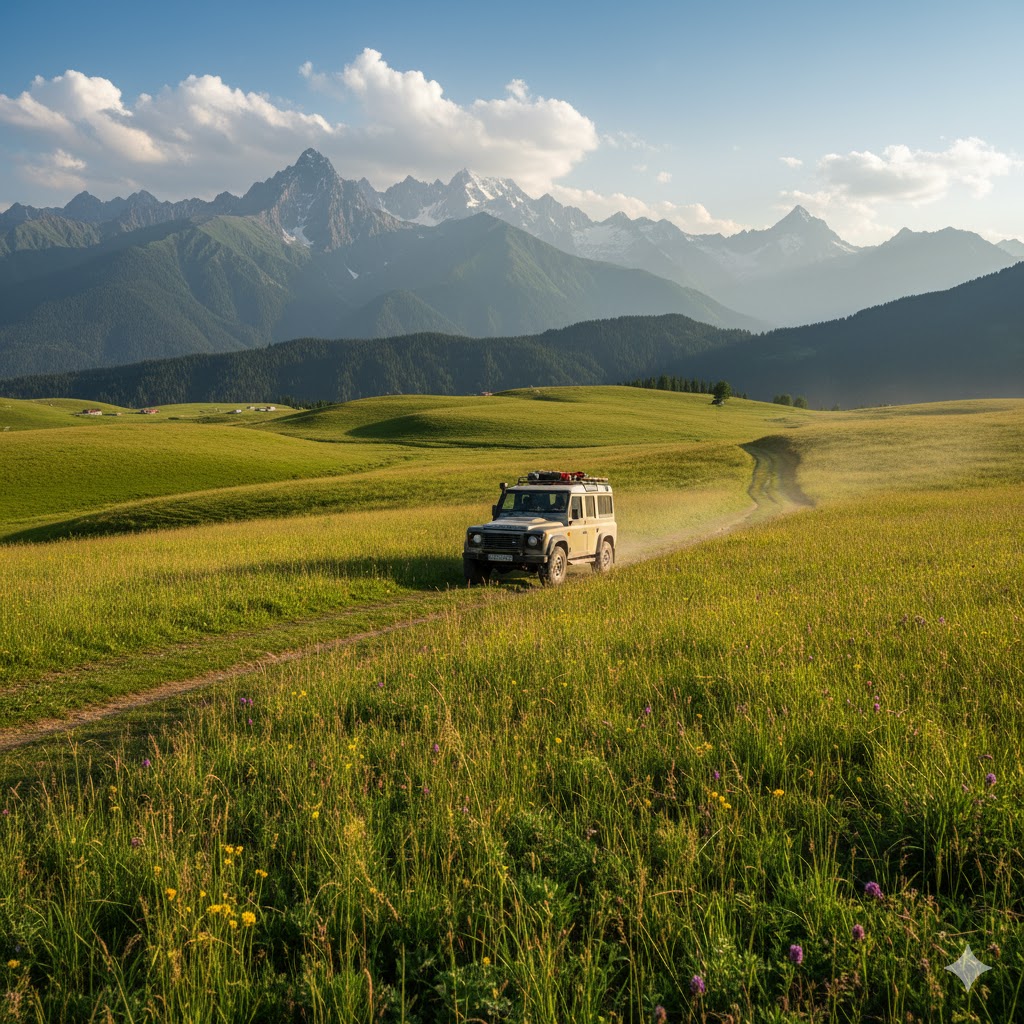 A jeep driving through lush green meadows in Azad Kashmir with snow peaks in the distance
