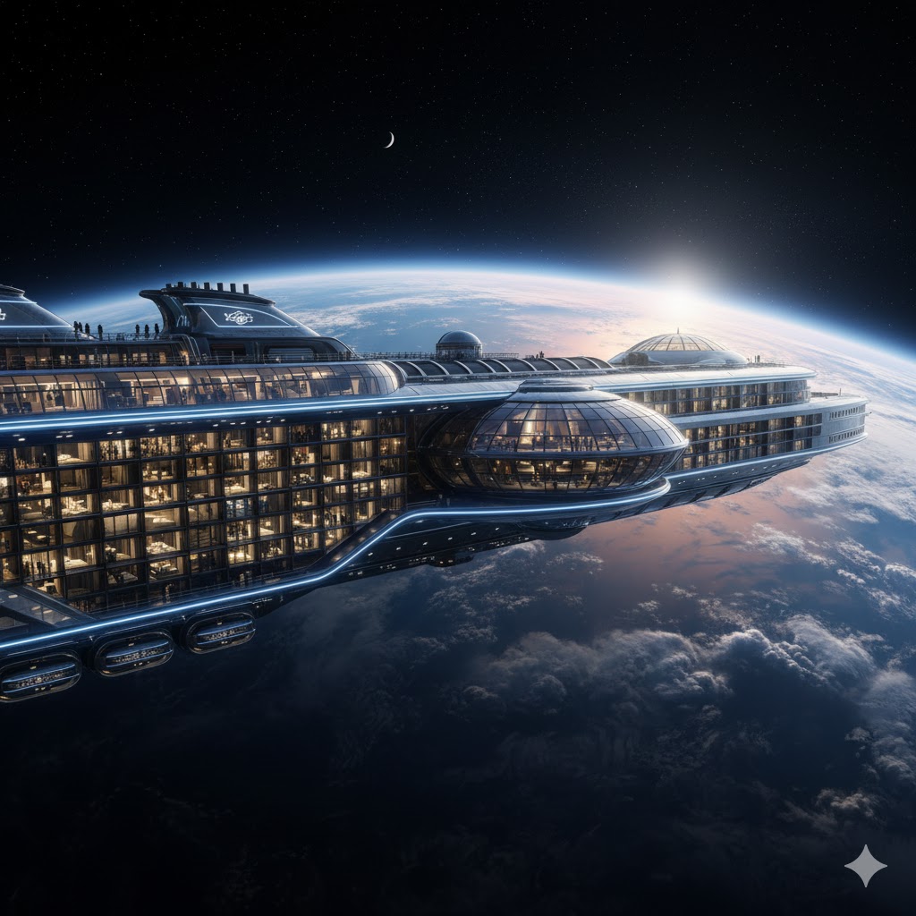 A luxurious galactic cruise ship orbiting Earth with glowing windows