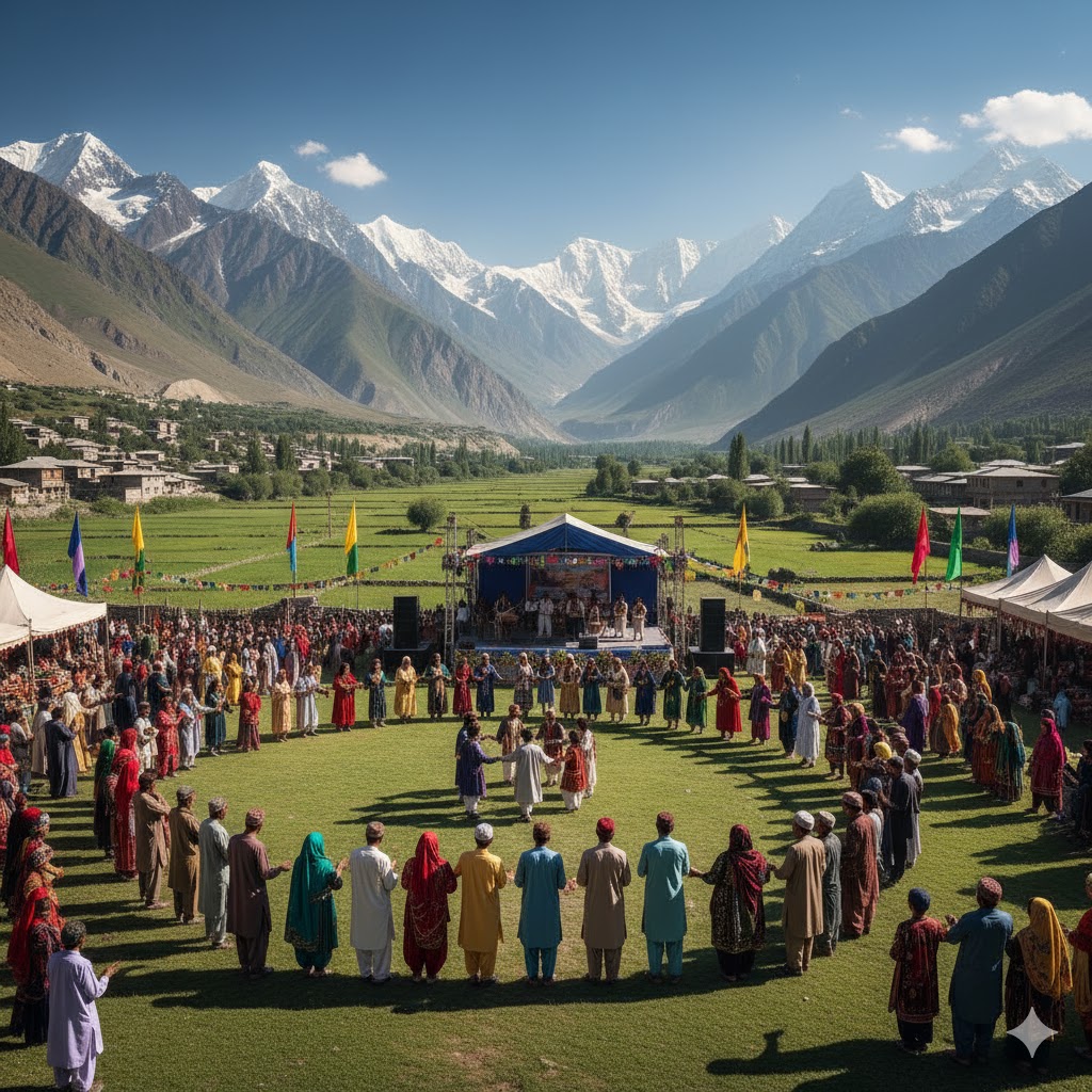 A panoramic view of Gilgit-Baltistan’s mountain valleys during summer festival season with locals in colorful attire