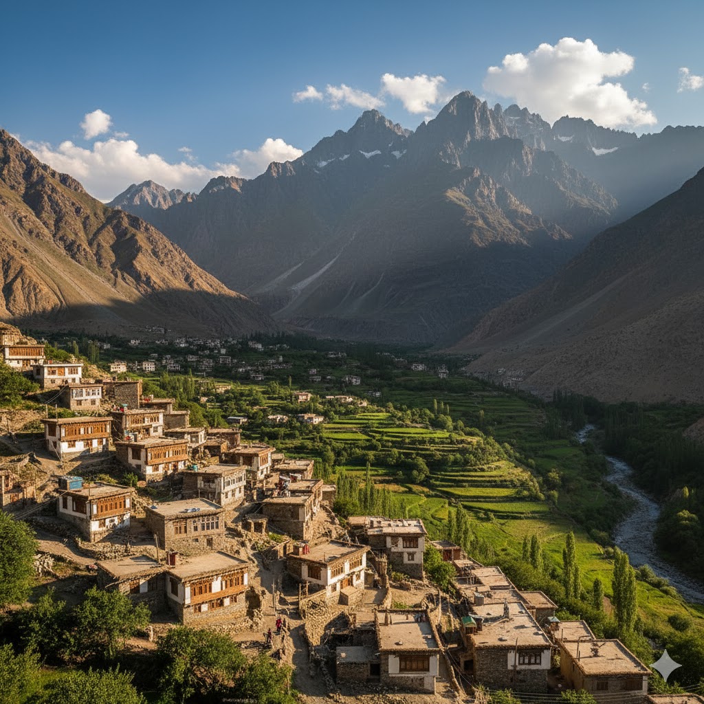 A panoramic view of Kalash Valley showing traditional houses and surrounding mountains.