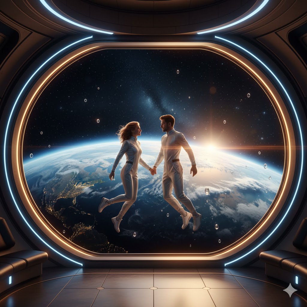A romantic couple floating hand-in-hand in zero gravity