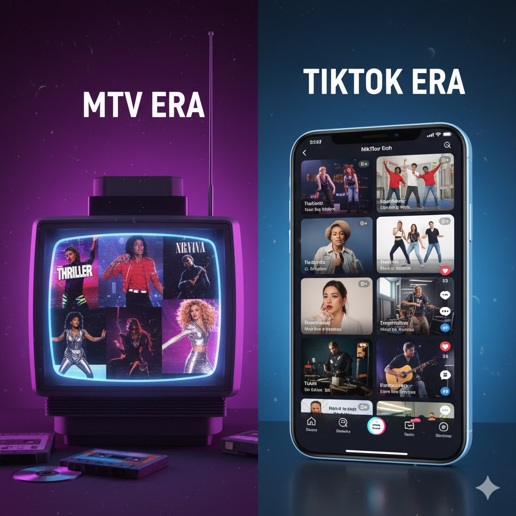 A split-screen showing old MTV music videos versus modern TikTok clips — symbolizing the shift in music discovery platforms