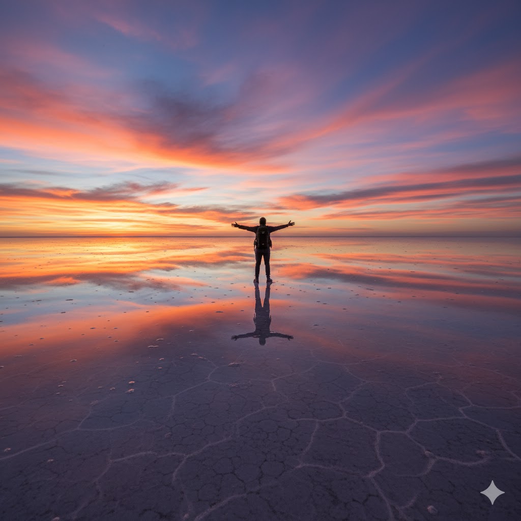 A traveler standing on the mirror-like surface of Salar de Uyuni reflecting the sky above. A traveler standing on the mirror-like surface of Salar de Uyuni reflecting the sky above.