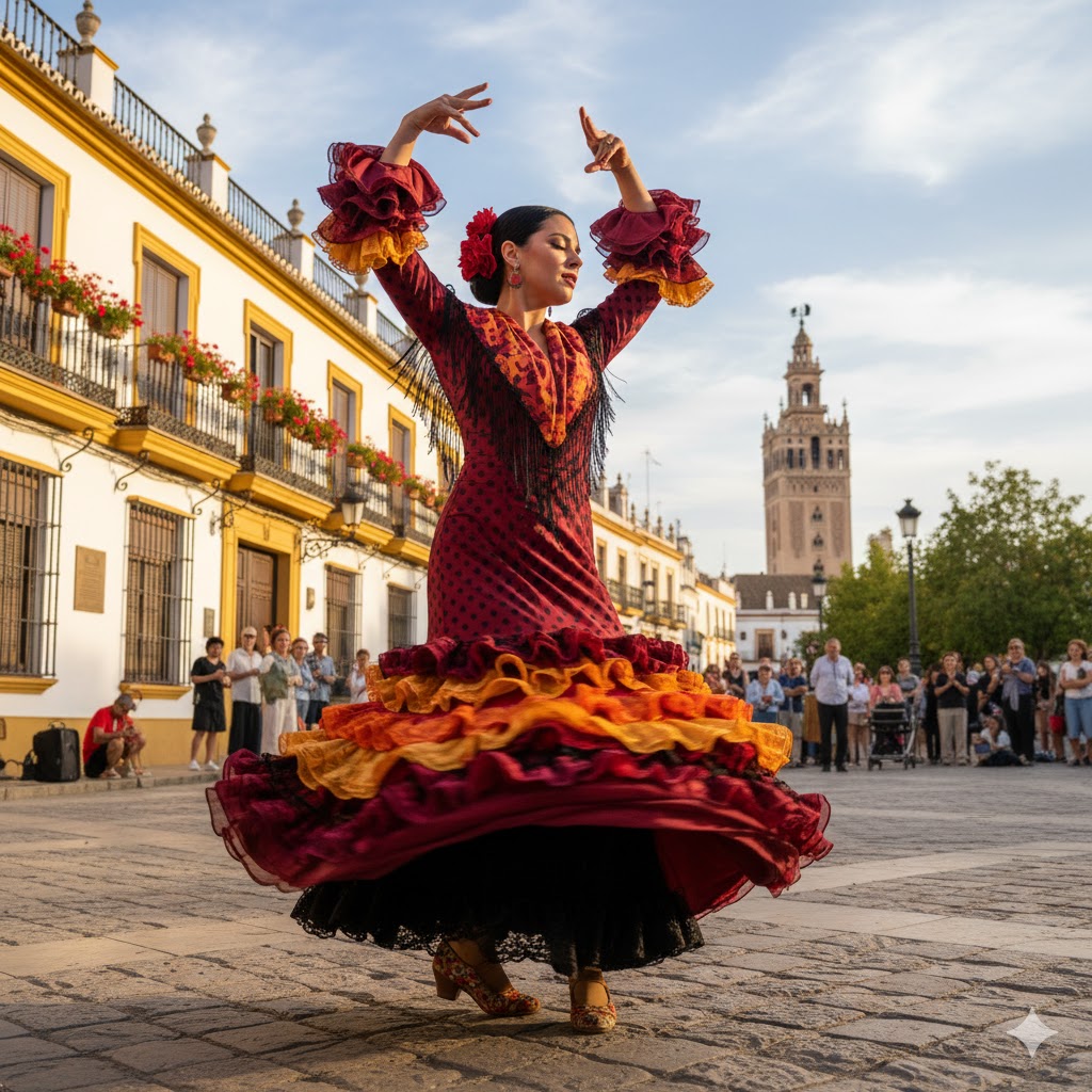 A vibrant flamenco dancer performing in Seville, Spain