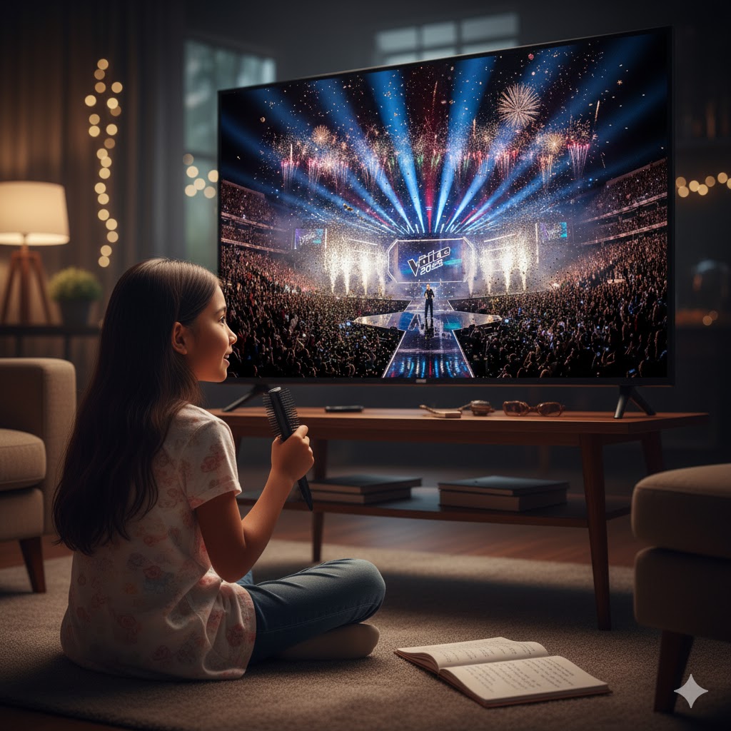 A young girl watching The Voice 2025 on TV, inspired to sing. A young girl watching The Voice 2025 on TV, inspired to sing.