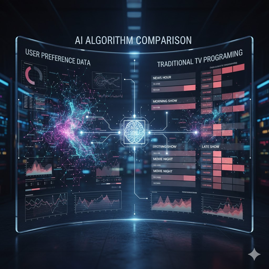 AI algorithm interface comparing data analytics of user preferences versus traditional TV programming schedule