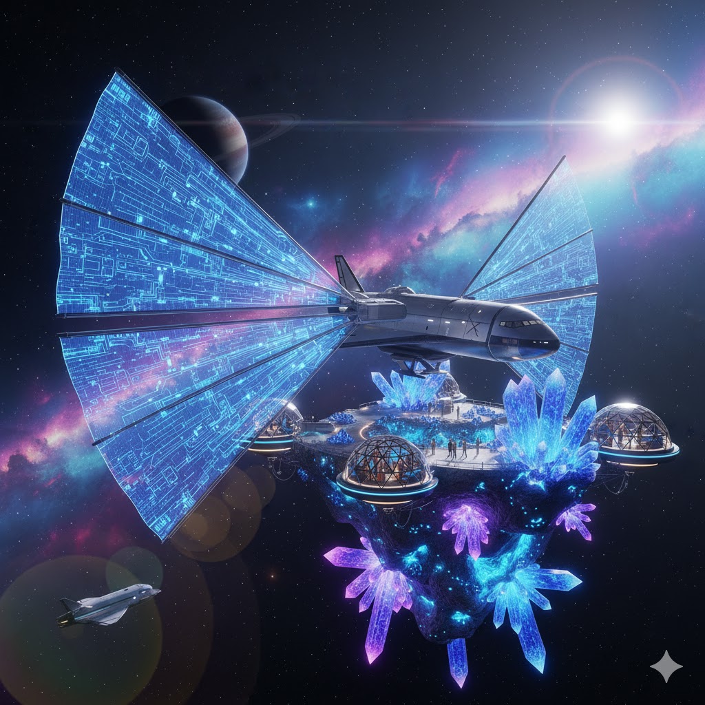 AI-controlled eco-friendly spacecraft powered by solar sails approaching asteroid during sustainable tourism mission