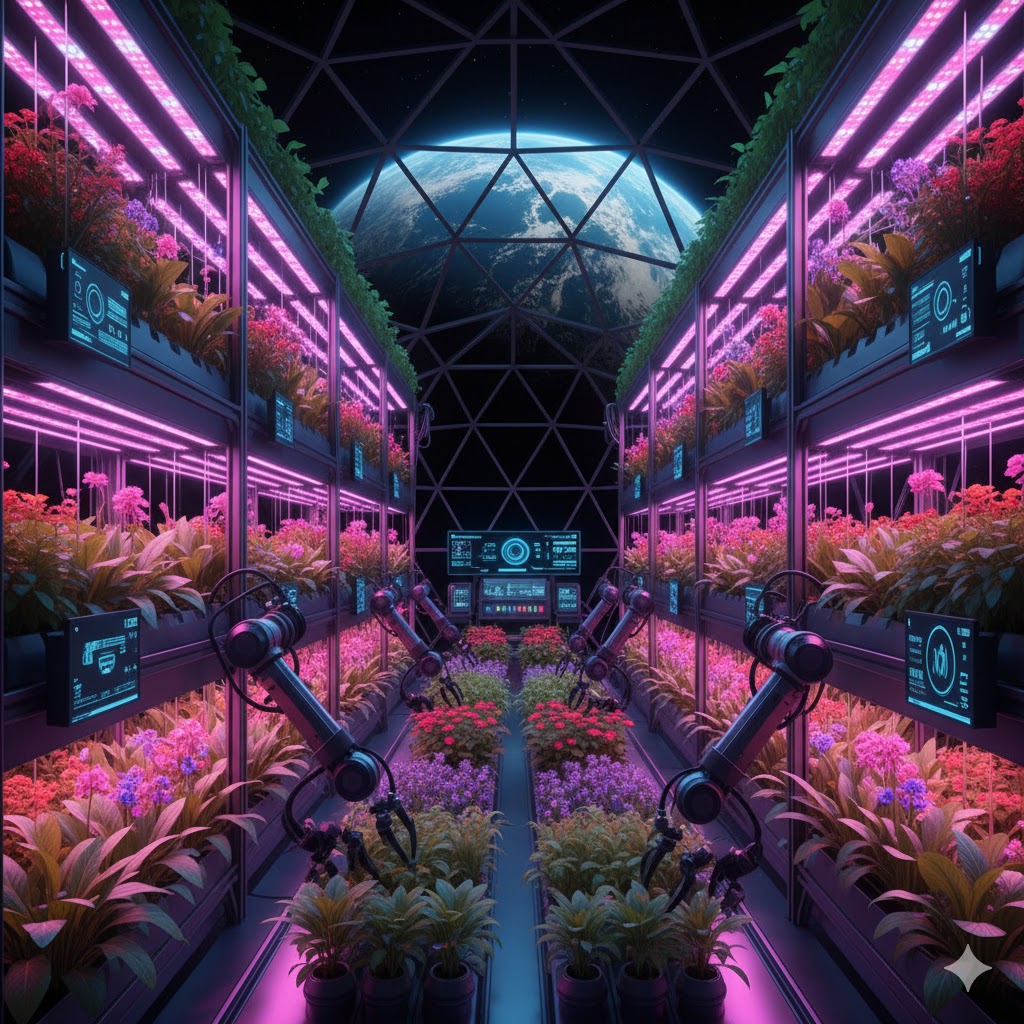 AI-controlled hydroponic system with LED grow lights inside Moon garden biosphere