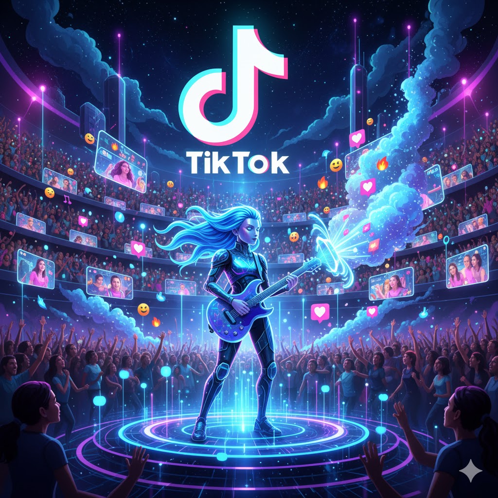AI-generated digital artist performing in a virtual TikTok concert space