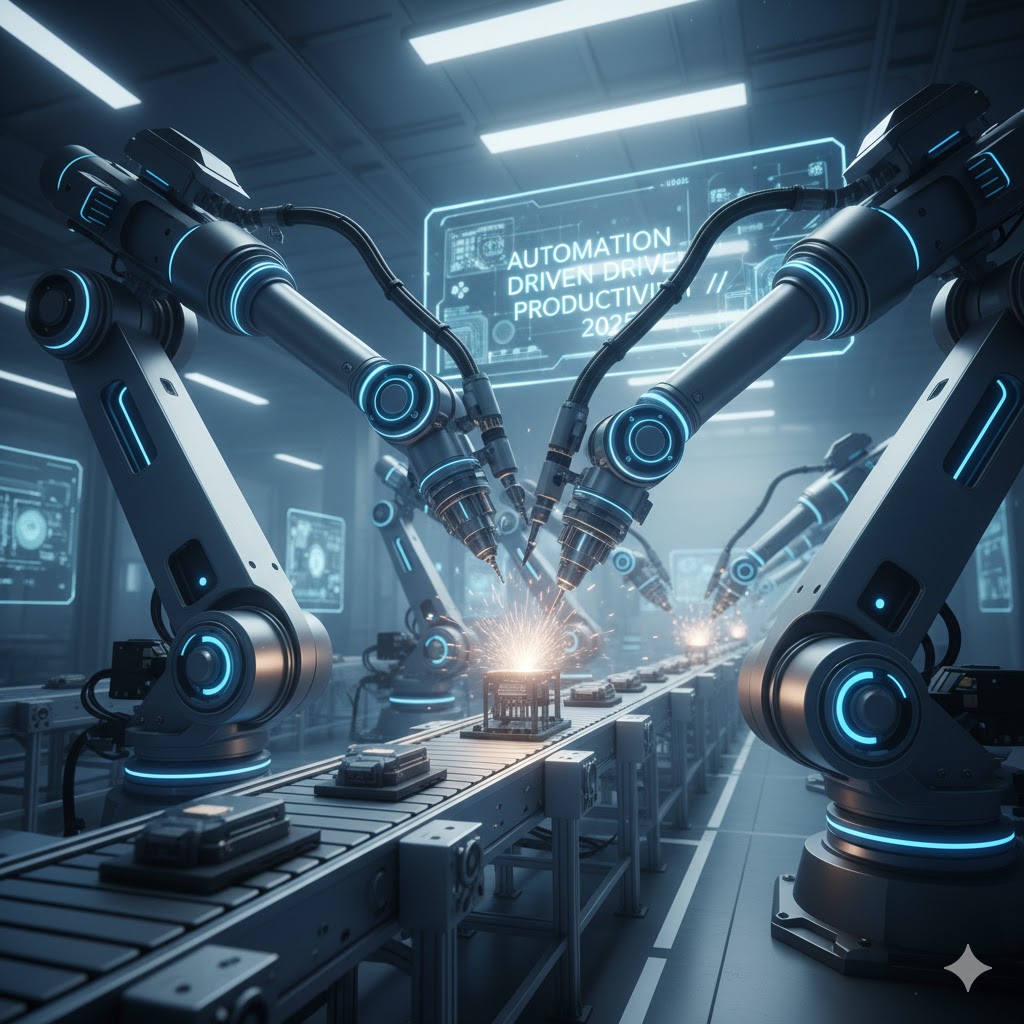 AI-powered robotic arm in a factory symbolizing automation-driven productivity)