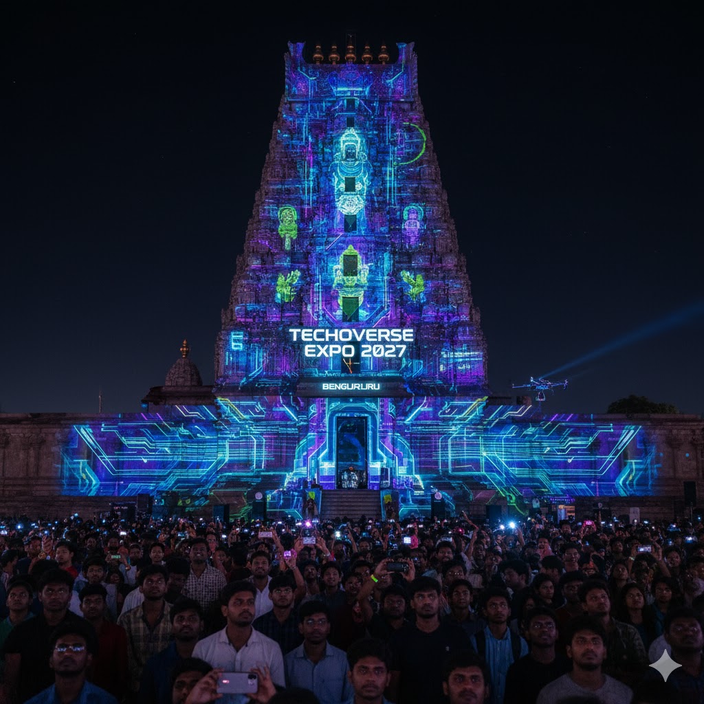 AI projection mapping on temple structure during TechnoVerse Expo 2027 Bengaluru