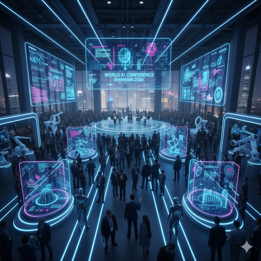 AI robots and interactive displays at World AI Conference Shanghai.
