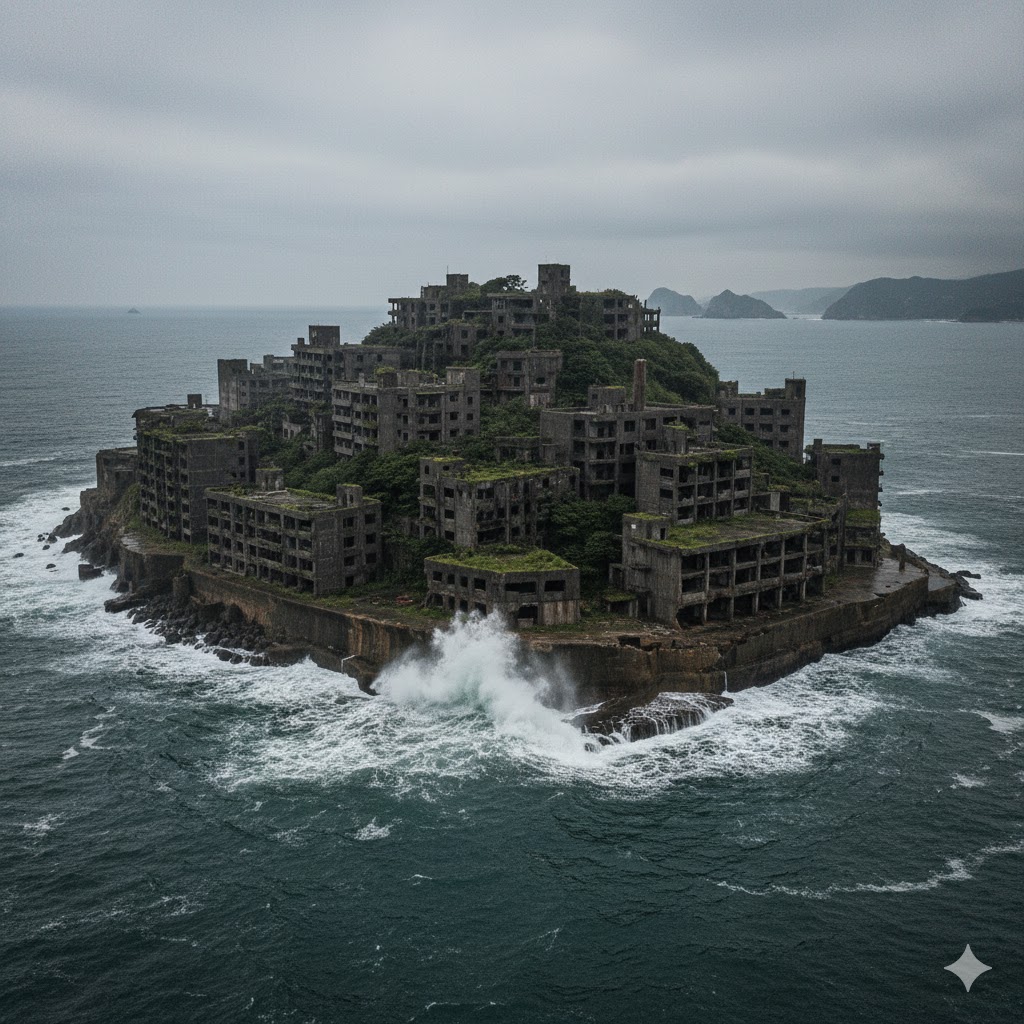 Abandoned Hashima Island Japan with collapsing buildings and sea waves around concrete ruins.