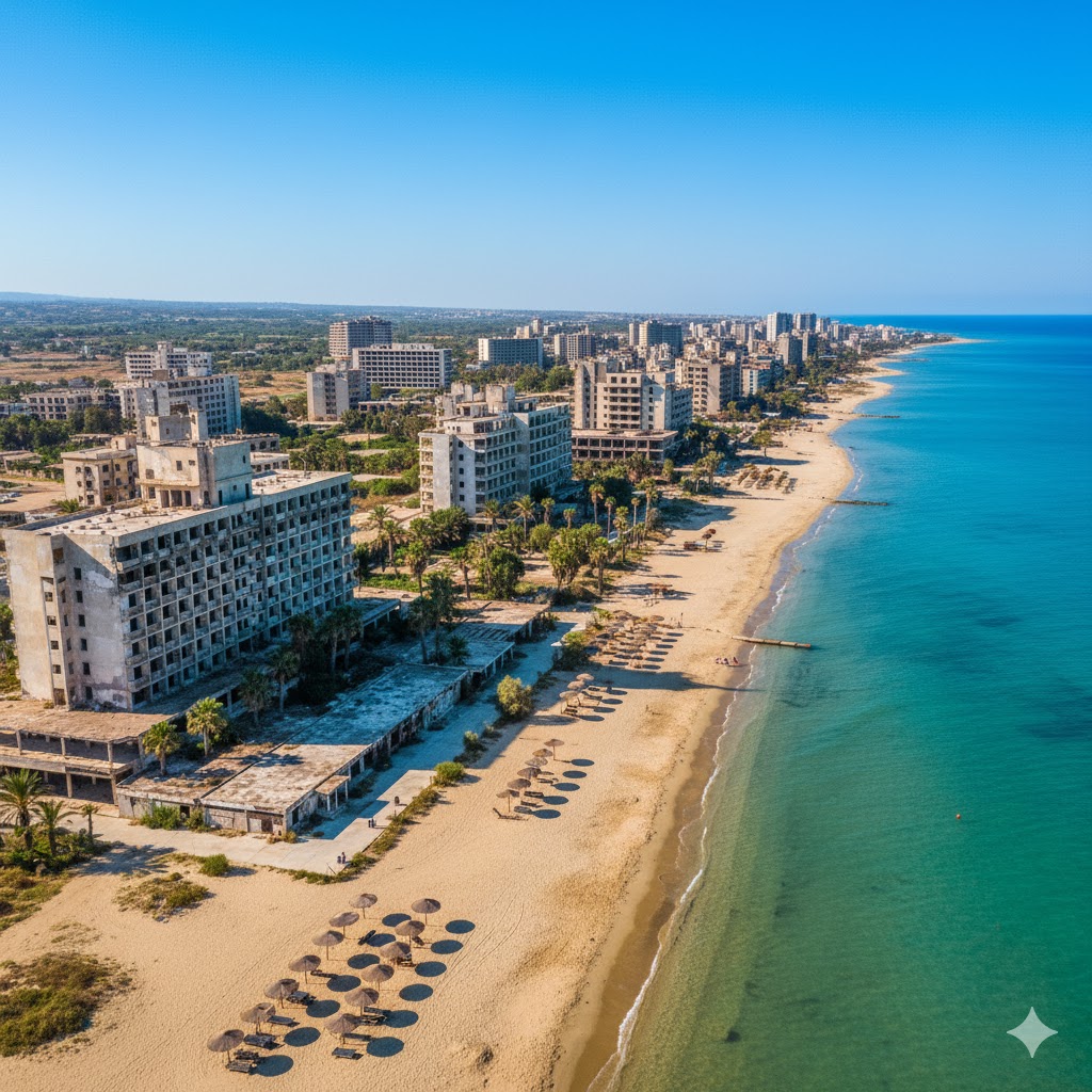 Abandoned beachfront hotel towers of Varosha shimmering under the Mediterranean sun.