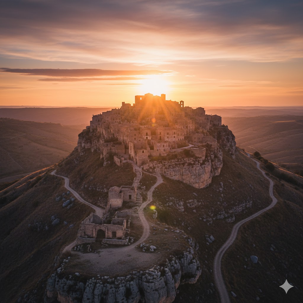 Abandoned hilltop town of Craco with crumbling stone buildings glowing in sunset.