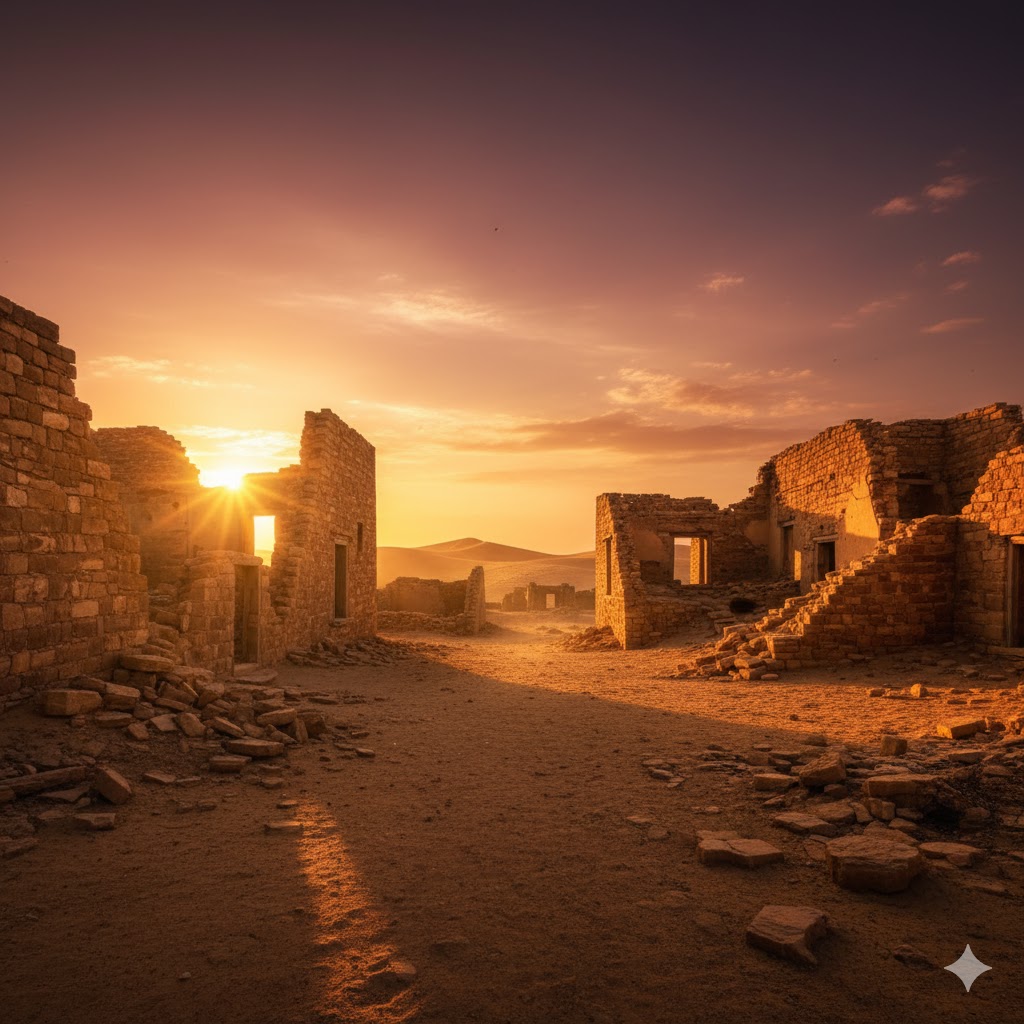 Abandoned sandstone ruins of Kuldhara glowing under a golden desert sunset in Rajasthan. 