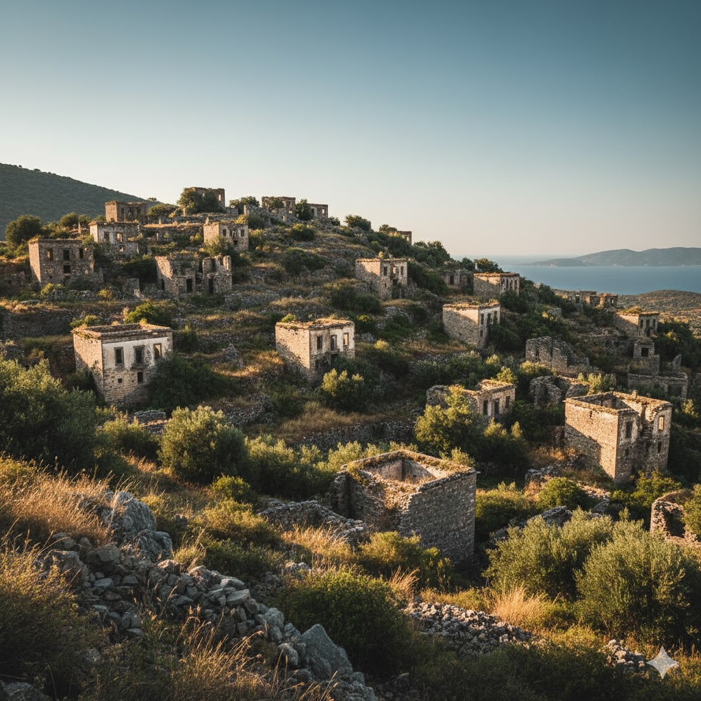 Abandoned stone houses of Kayaköy ghost village surrounded by olive trees