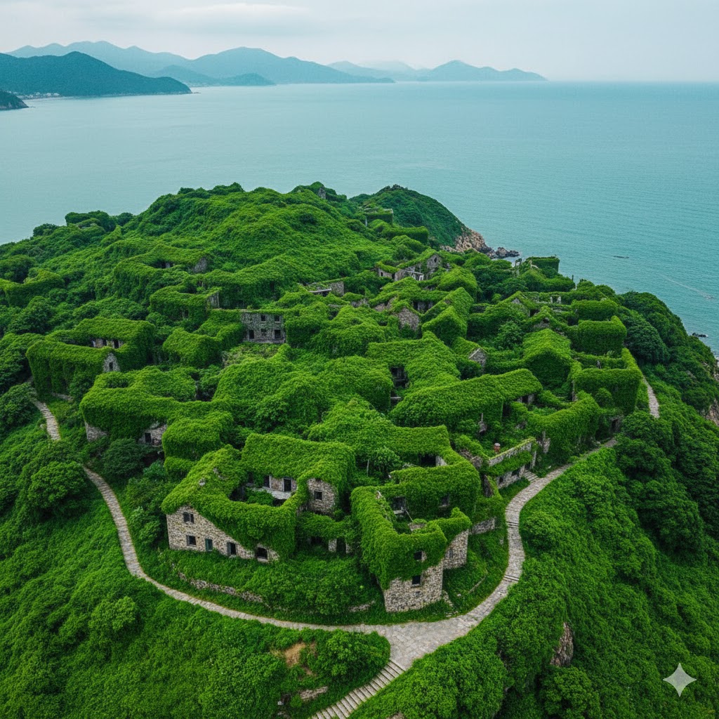 Abandoned village overgrown with bright green ivy on Shengshan Island, China.