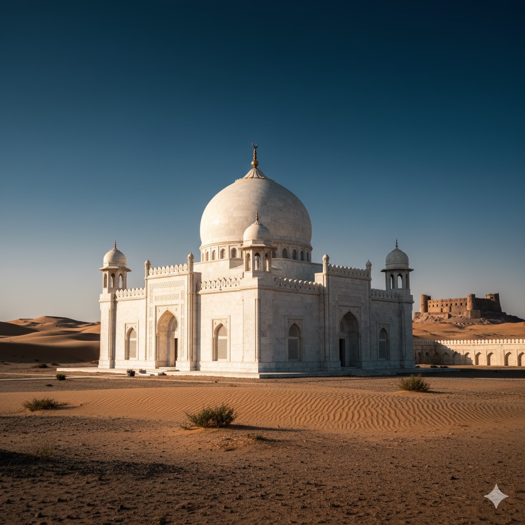 Abbasi Mosque’s gleaming white domes reflecting desert sunlight near Derawar Fort. Abbasi Mosque’s gleaming white domes reflecting desert sunlight near Derawar Fort.