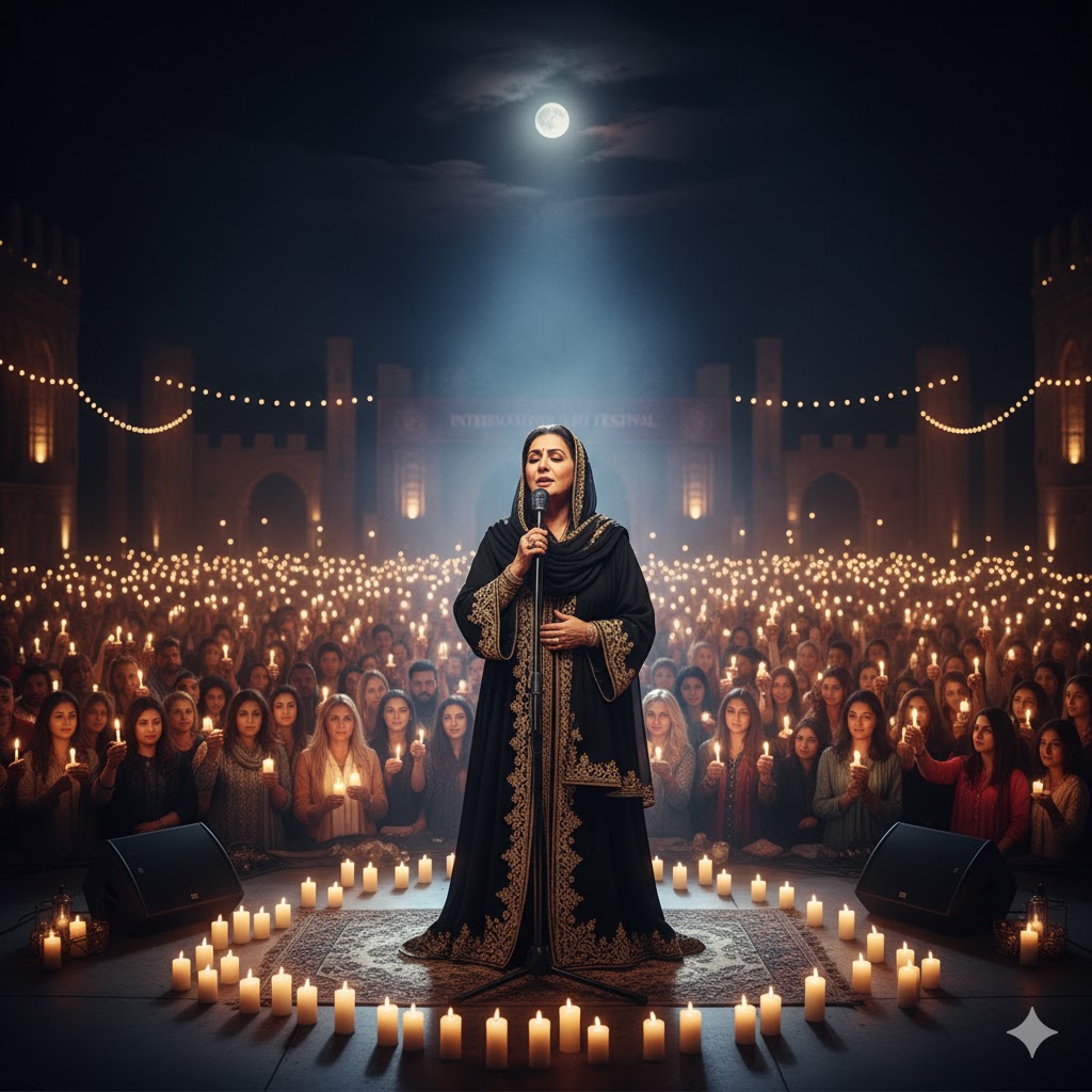 Abida Parveen performing live at an international Sufi festival with audience holding candles in tribute. Abida Parveen performing live at an international Sufi festival with audience holding candles in tribute.