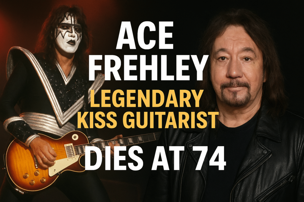 Ace Frehley live on stage with KISS makeup and Les Paul guitar