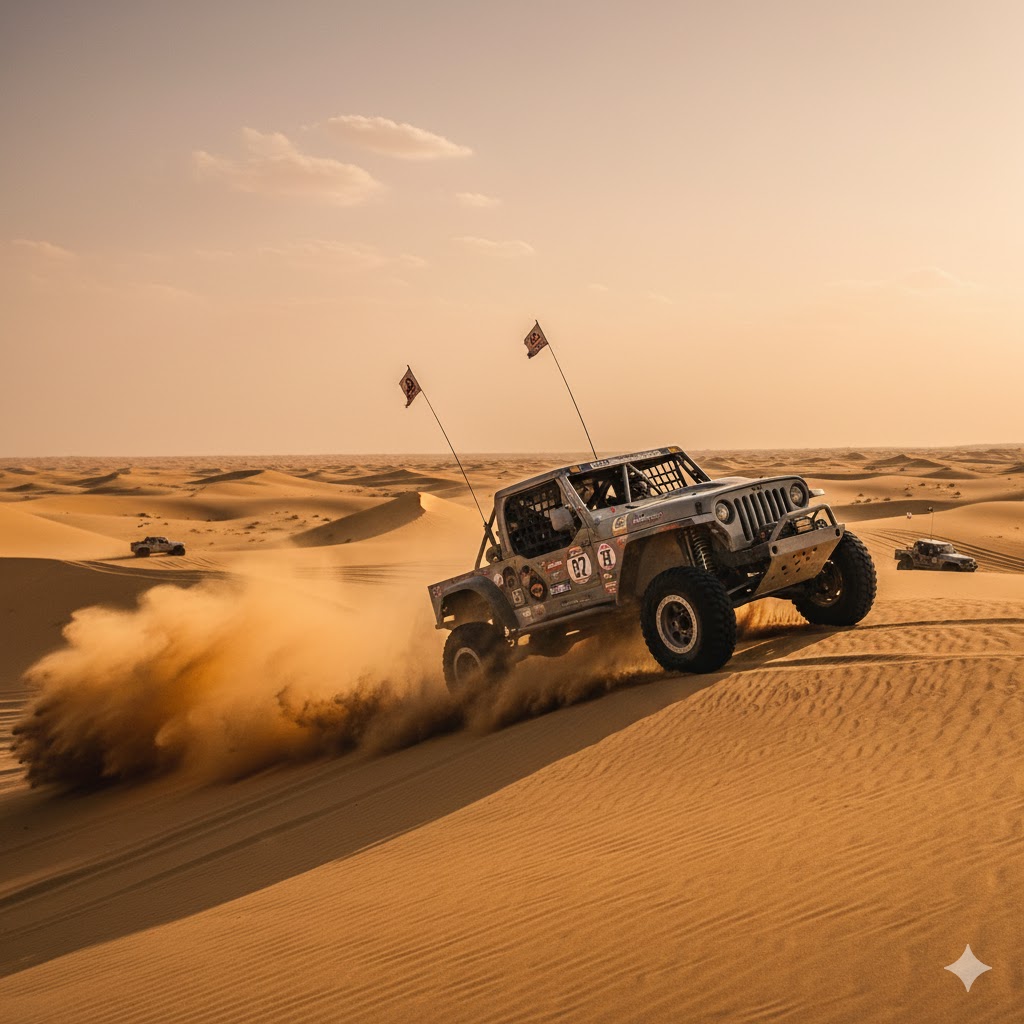 Action shot of a 4x4 jeep racing through the golden dunes of Cholistan Desert during the annual rally.