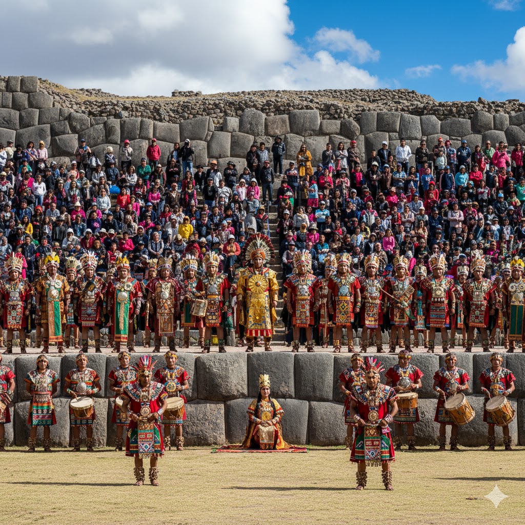 Actors in Incan costumes performing Inti Raymi ceremony in Cusco