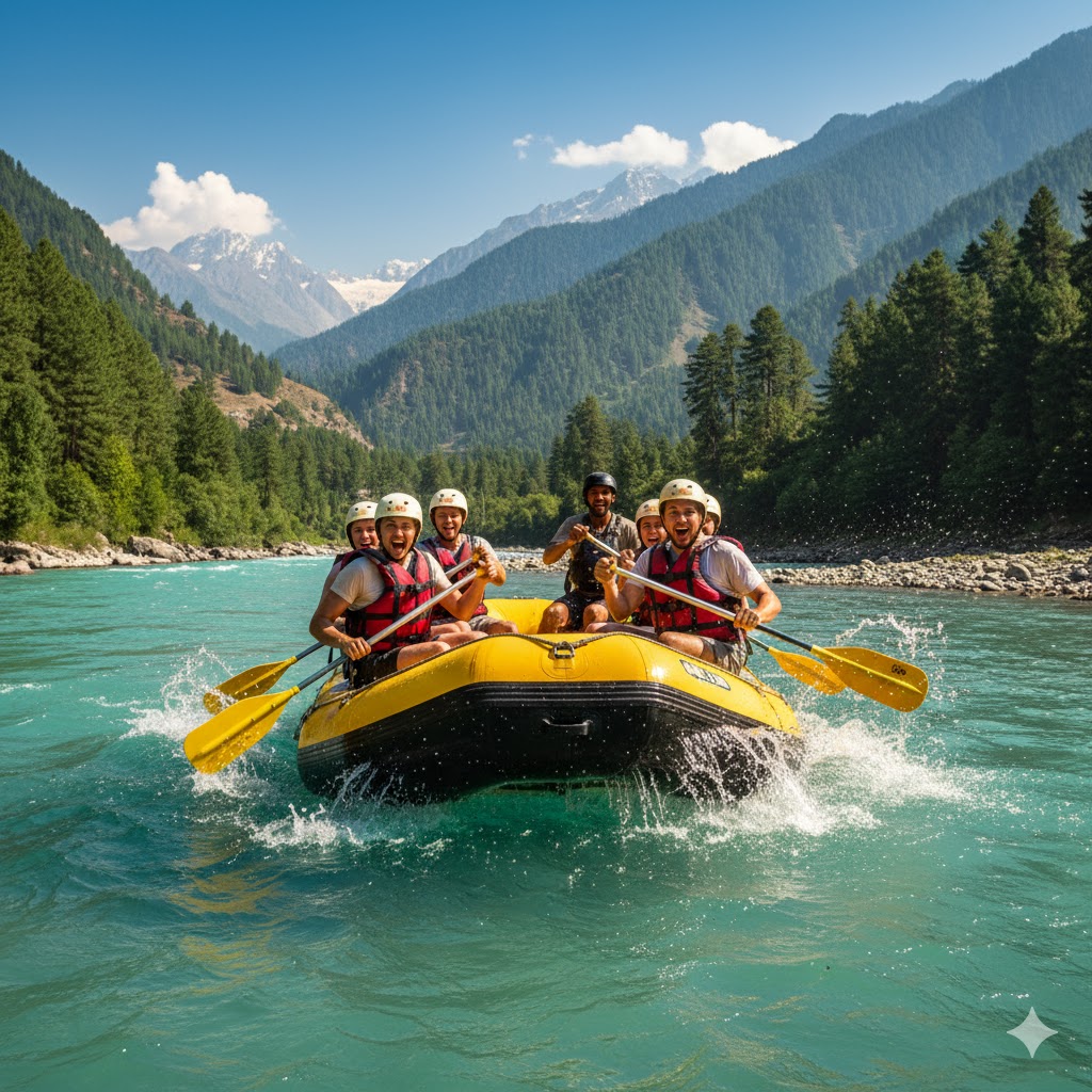 Adventure tourists rafting in Swat River during summer.