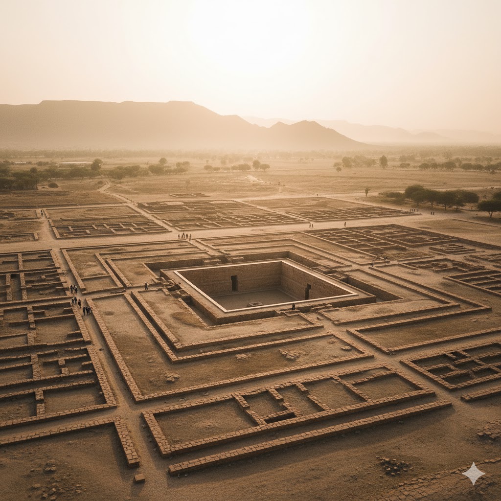 Aerial drone view of Mohenjo-Daro with visible Great Bath and brick streets